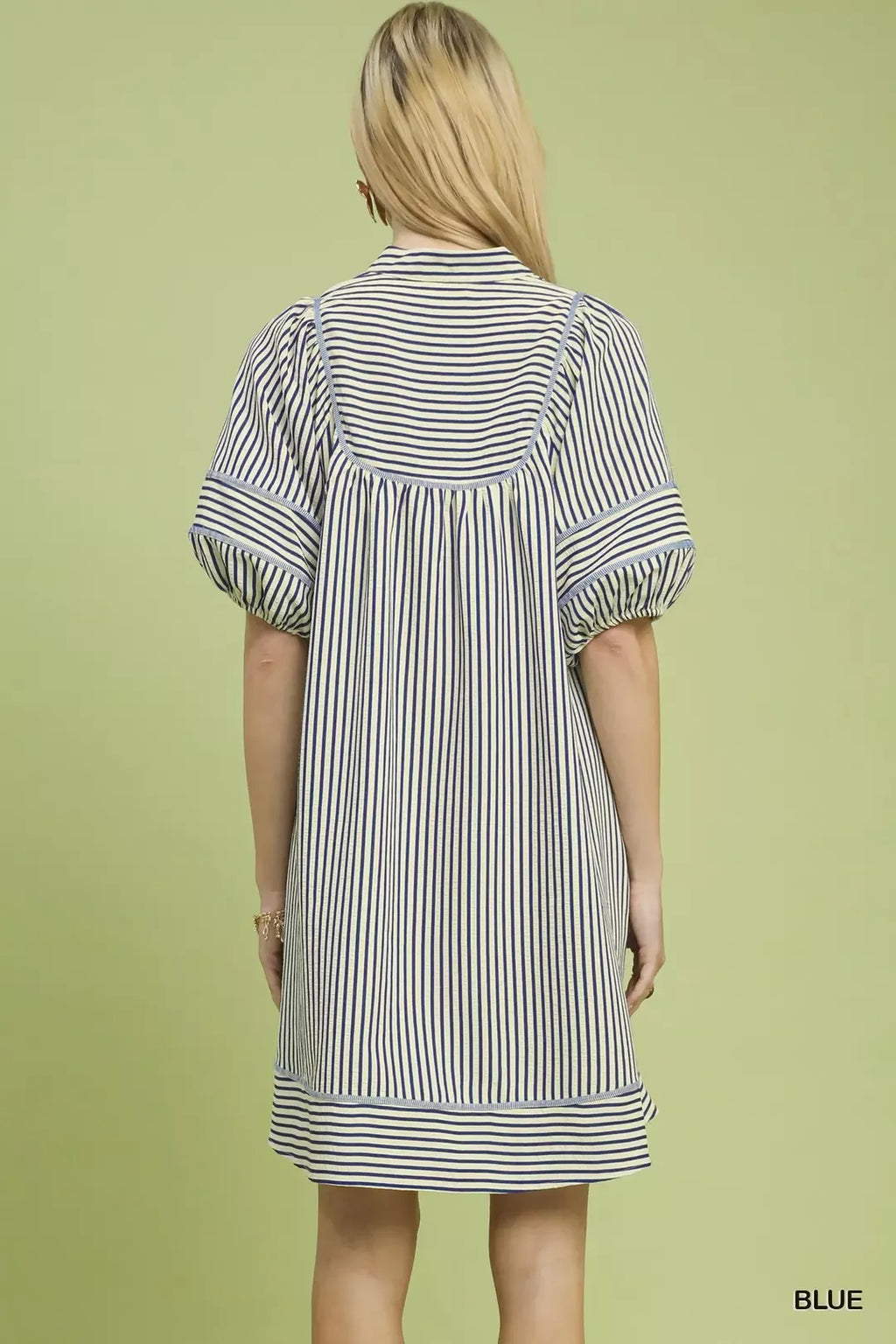 Striped Puff Sleeve Shift Dress in Blue for Women