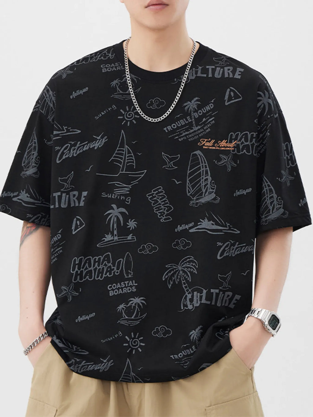 Plus Size Printed Round Neck Relaxed Fit T-Shirt in Apricot for Men