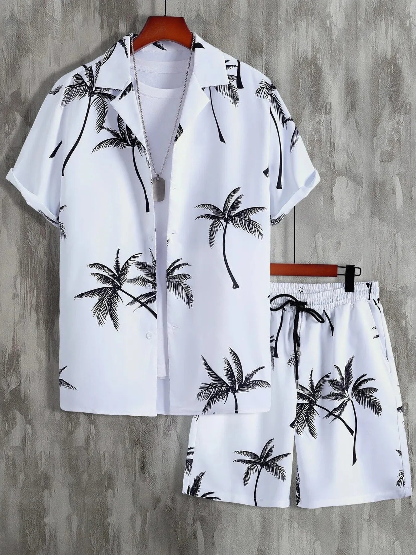 Palm Print Button Up Shirt and Shorts Set Plus Size in Pink for Men