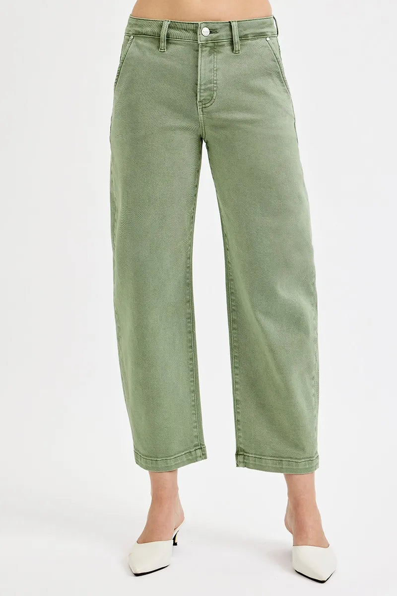 Tummy Control High Rise Crop Barrel Jeans Plus Size in Olive for Women