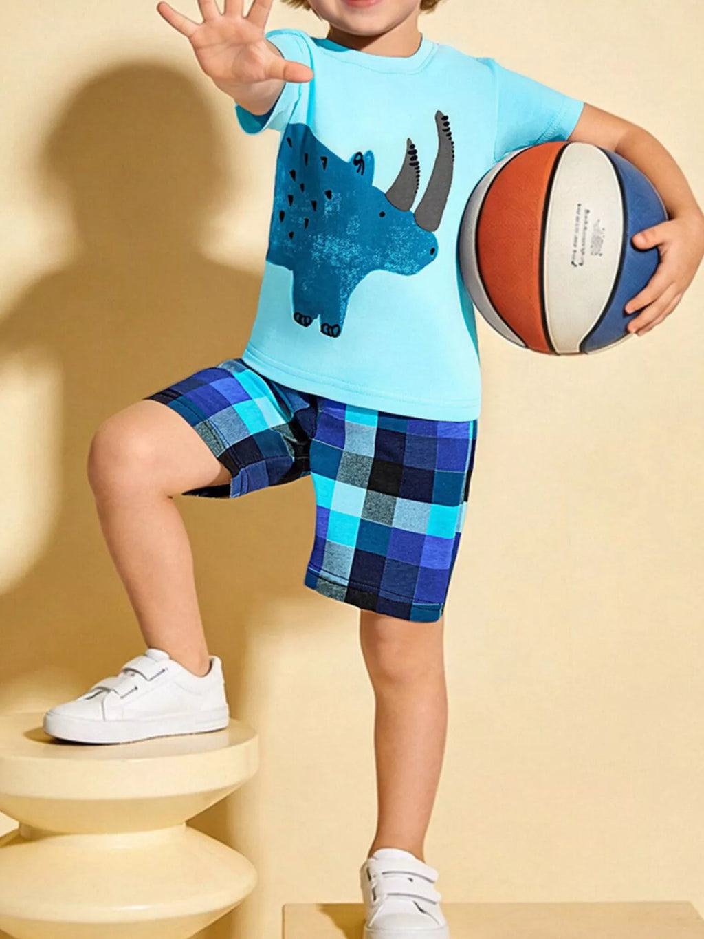 Rhino Graphic Tee & Plaid Shorts Set in Pastel Blue for Boys