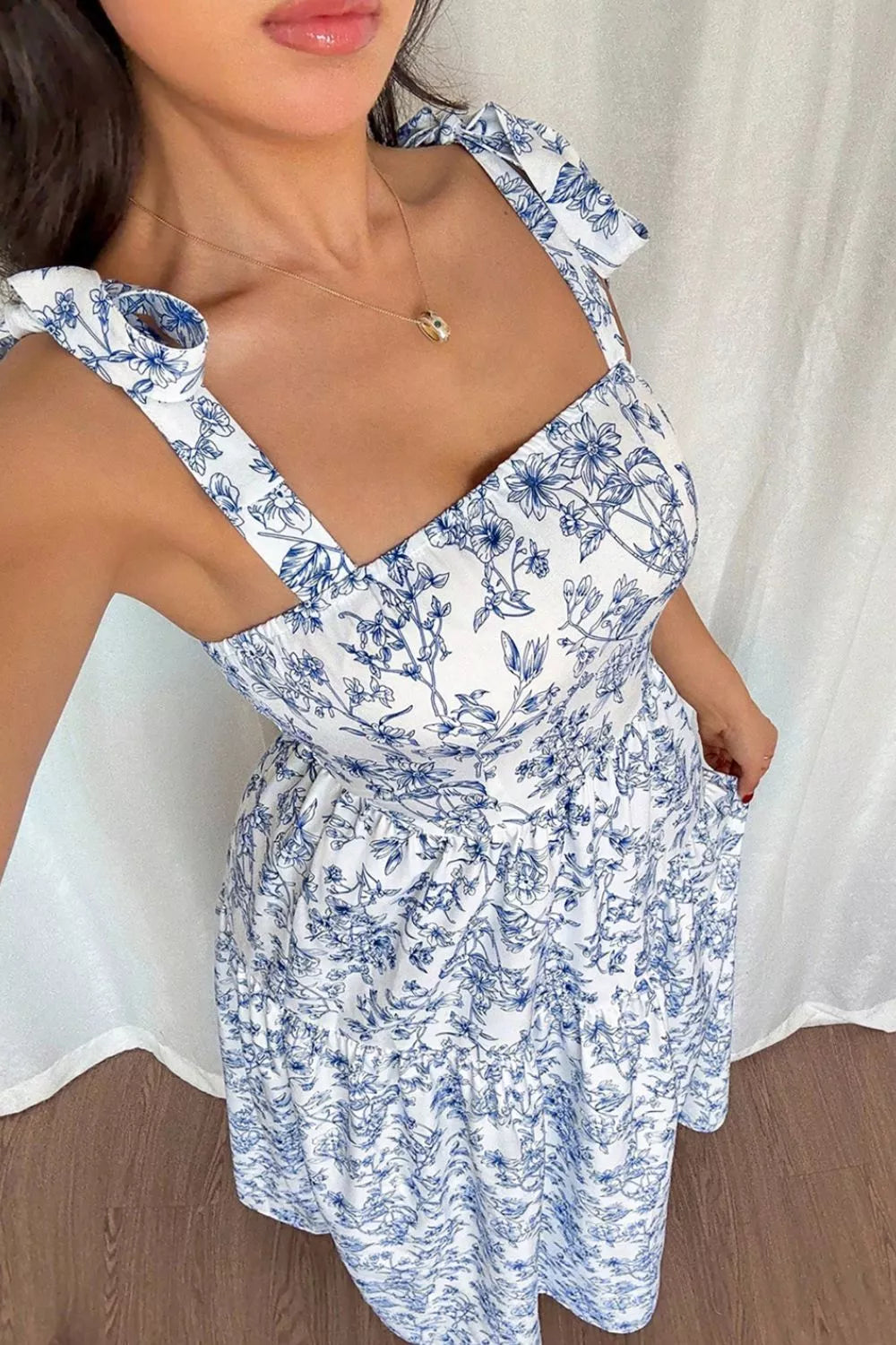 Floral Print Knot Straps High Waist Flared Maxi Dress in Light Blue for Women