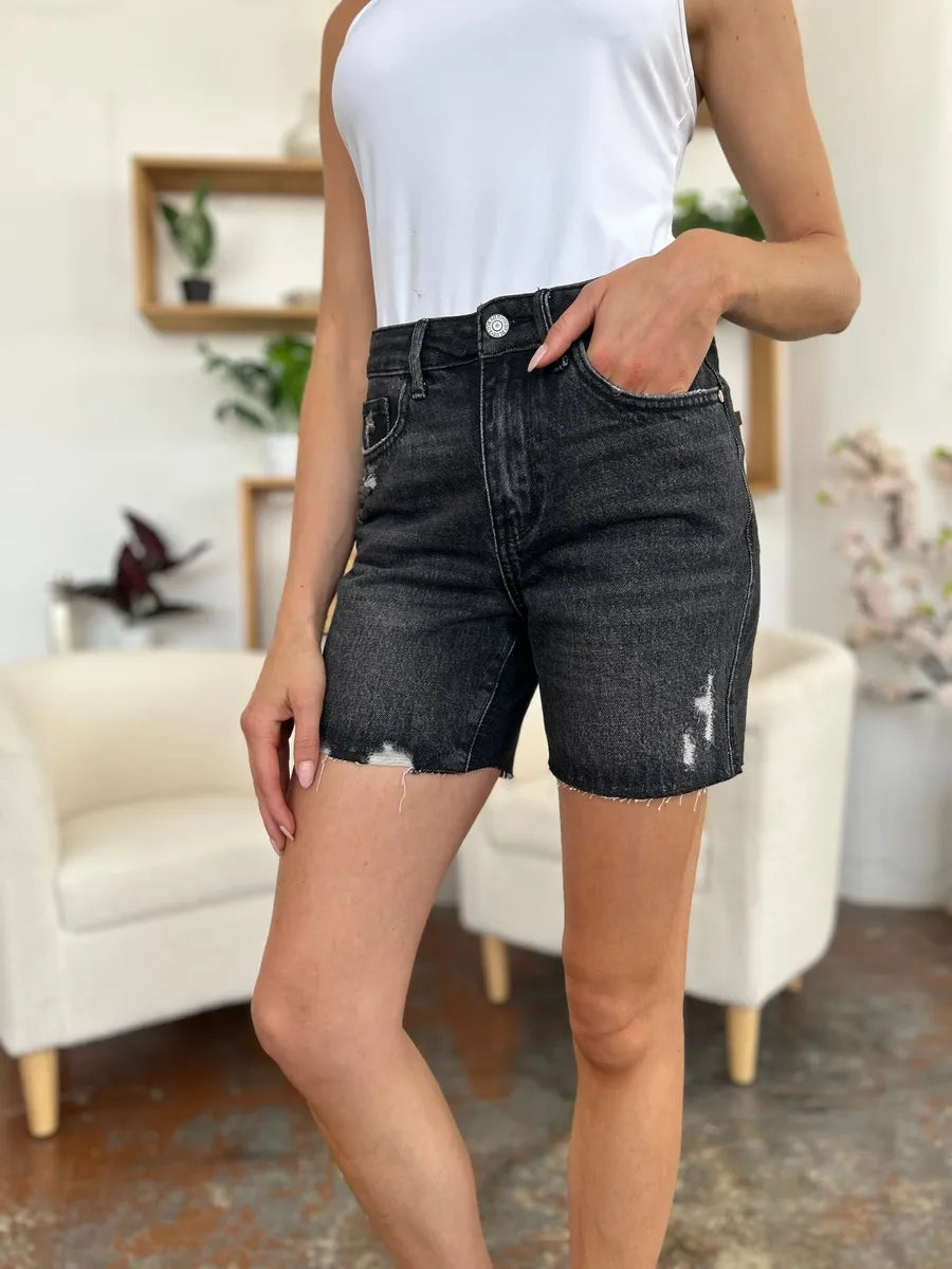 Plus Size High Waist Rigid Magic Denim Shorts in Black for Women