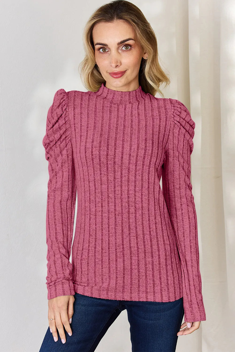 Plus Size Ribbed Mock Neck Puff Sleeve T-Shirt for Women