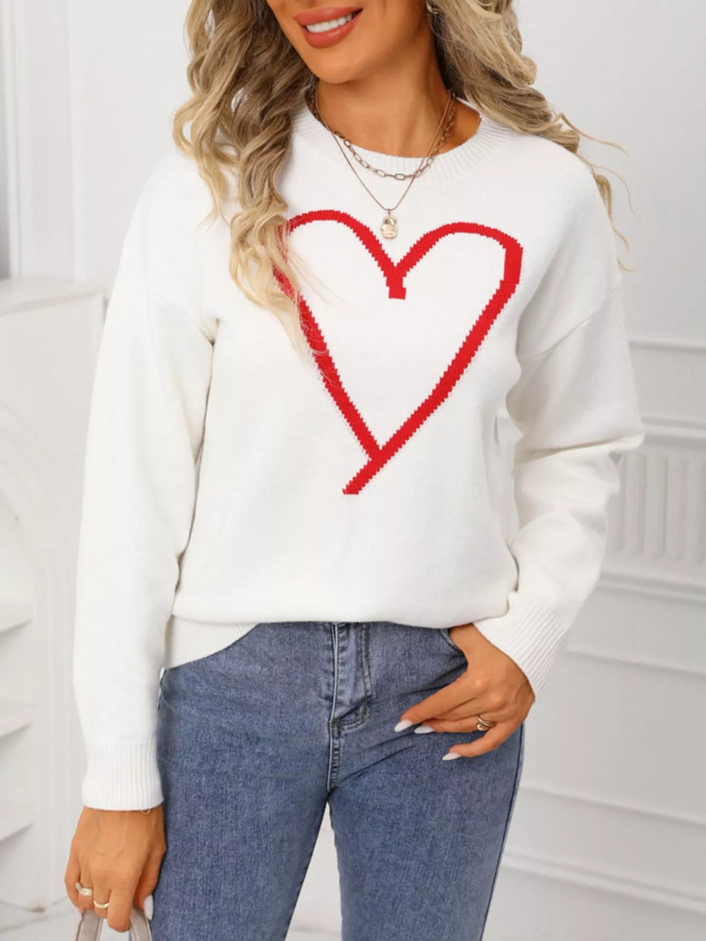 Valentines Day Heart Graphic Dropped Shoulder Sweater in Black for Women
