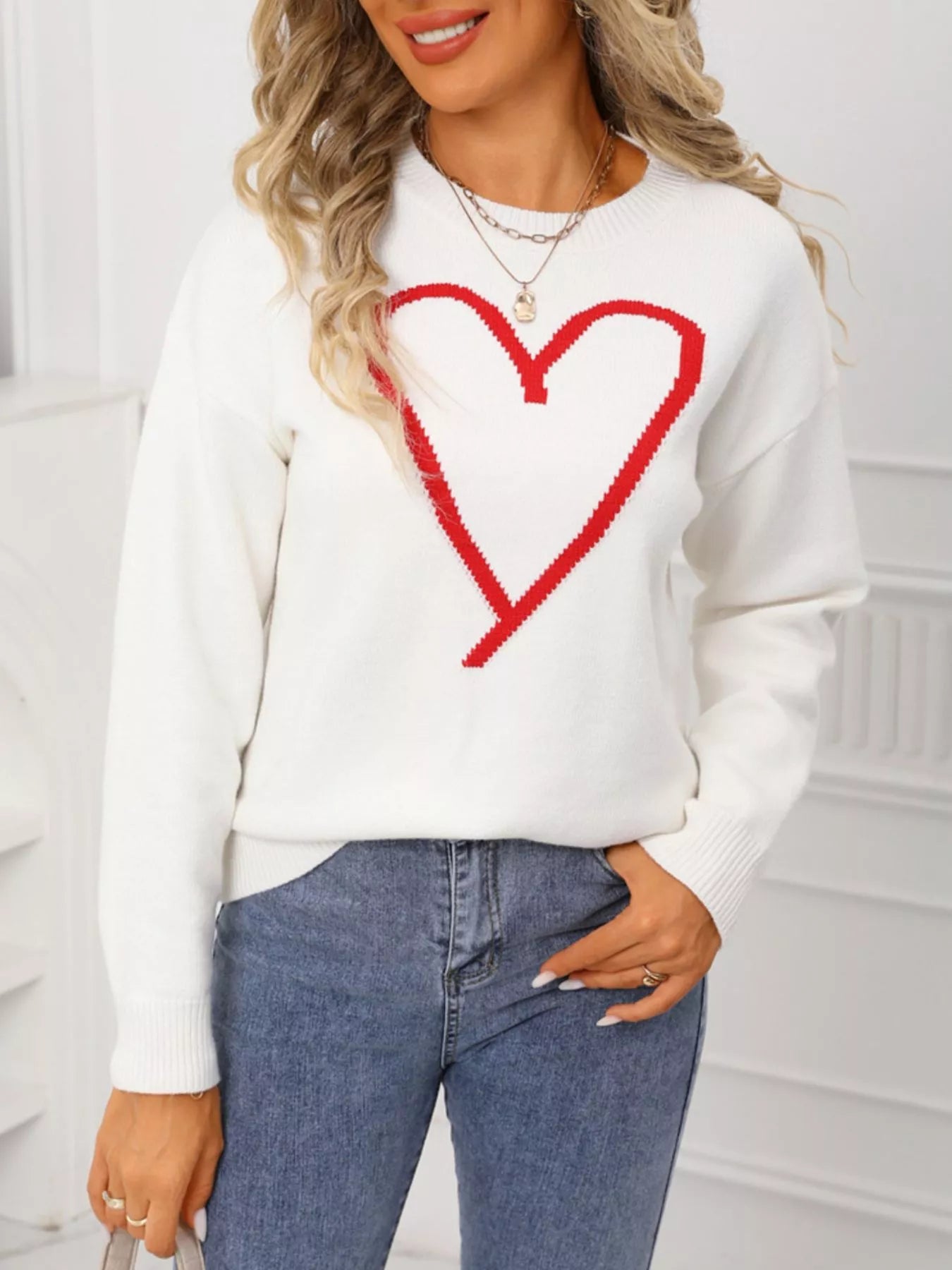 Valentines Day Heart Graphic Dropped Shoulder Sweater in Black for Women