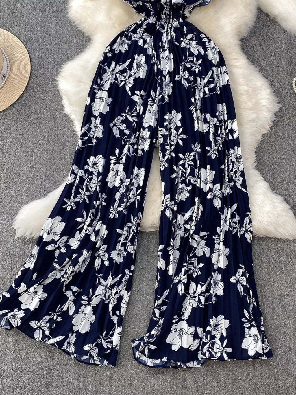 Black Floral Print Wide Leg Pleated Jumpsuit for Women