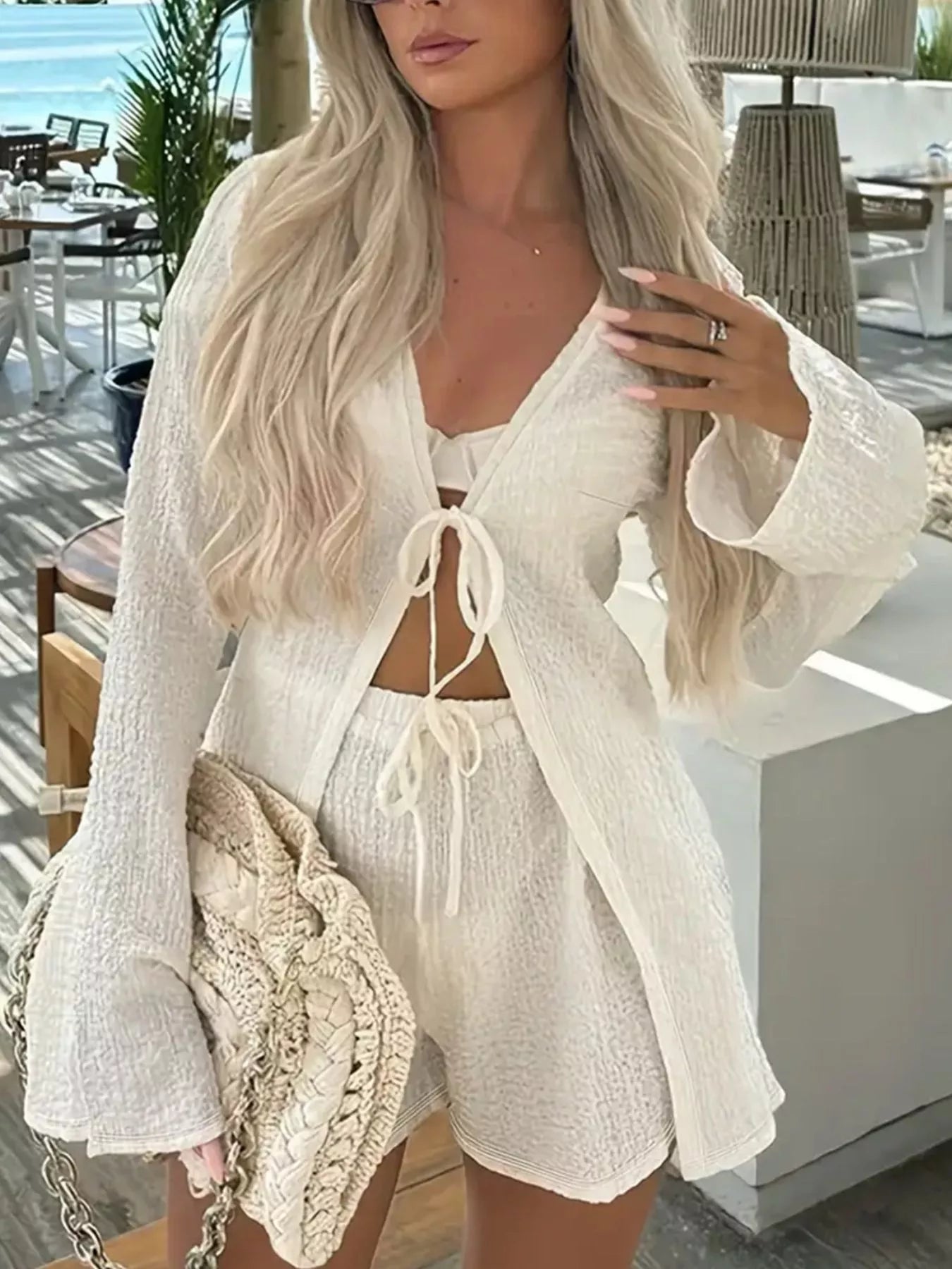 Tie-Front Cover-Up and Shorts Set in Apricot for Women