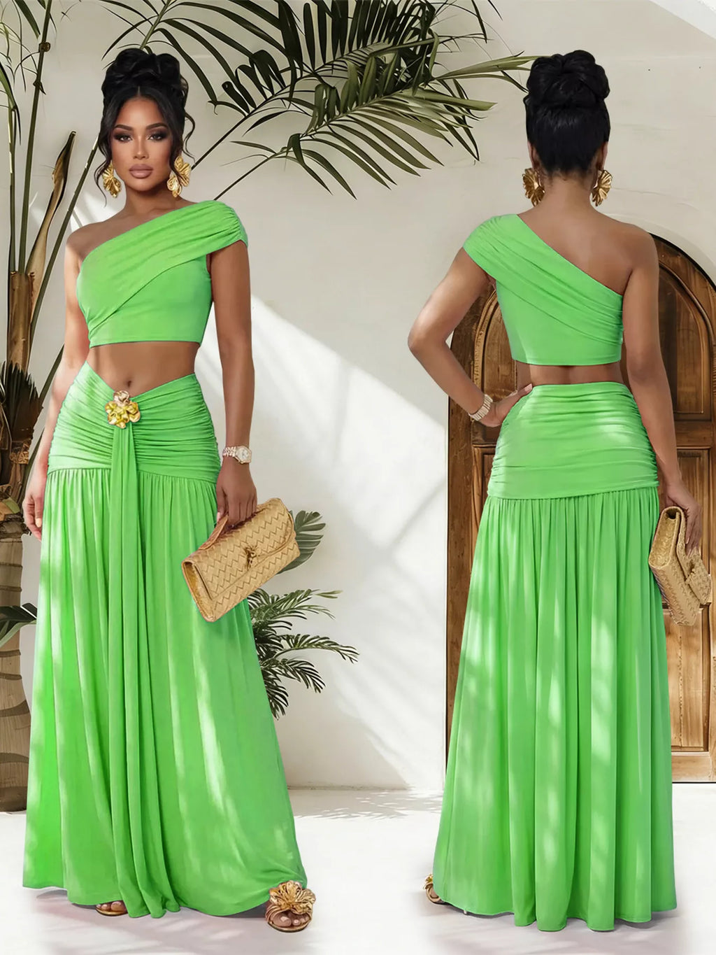 One-Shoulder Top and Ruched Maxi Skirt Set in Sky Blue for Women