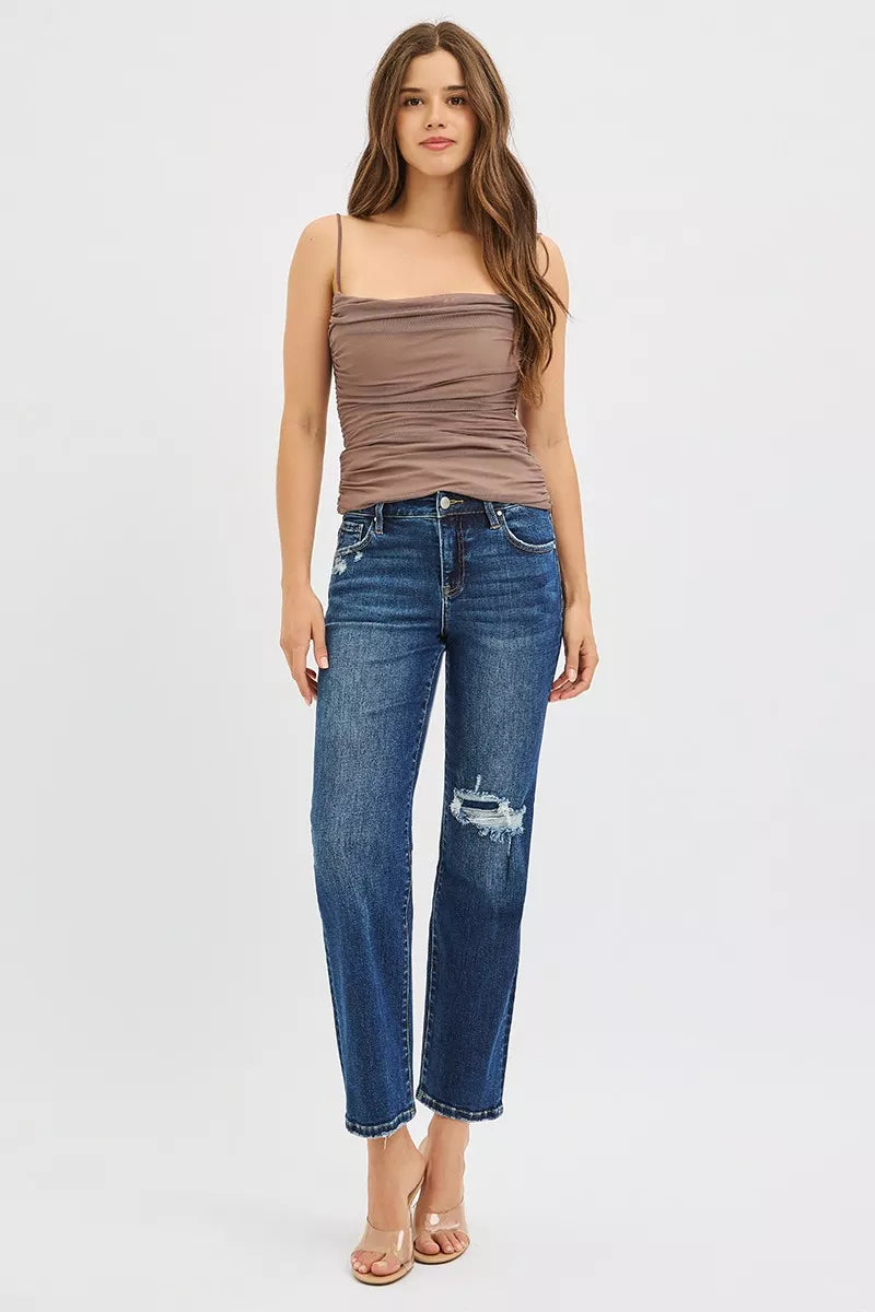 High Rise Crop Slim Straight Jenas with Hidden Knee Patch in Dark for Women