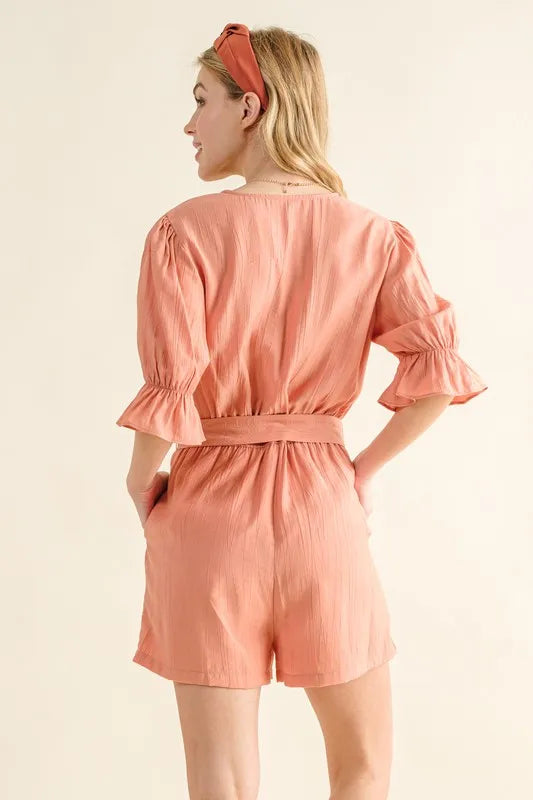Flounce Sleeves Romper with Belt in Dusty Clay for Women