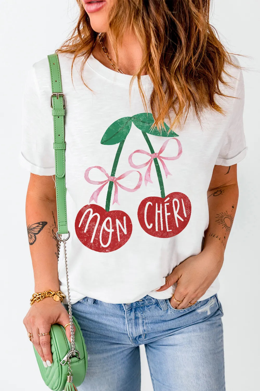 Cherry Round Neck Short Sleeve T-Shirt in White for Women