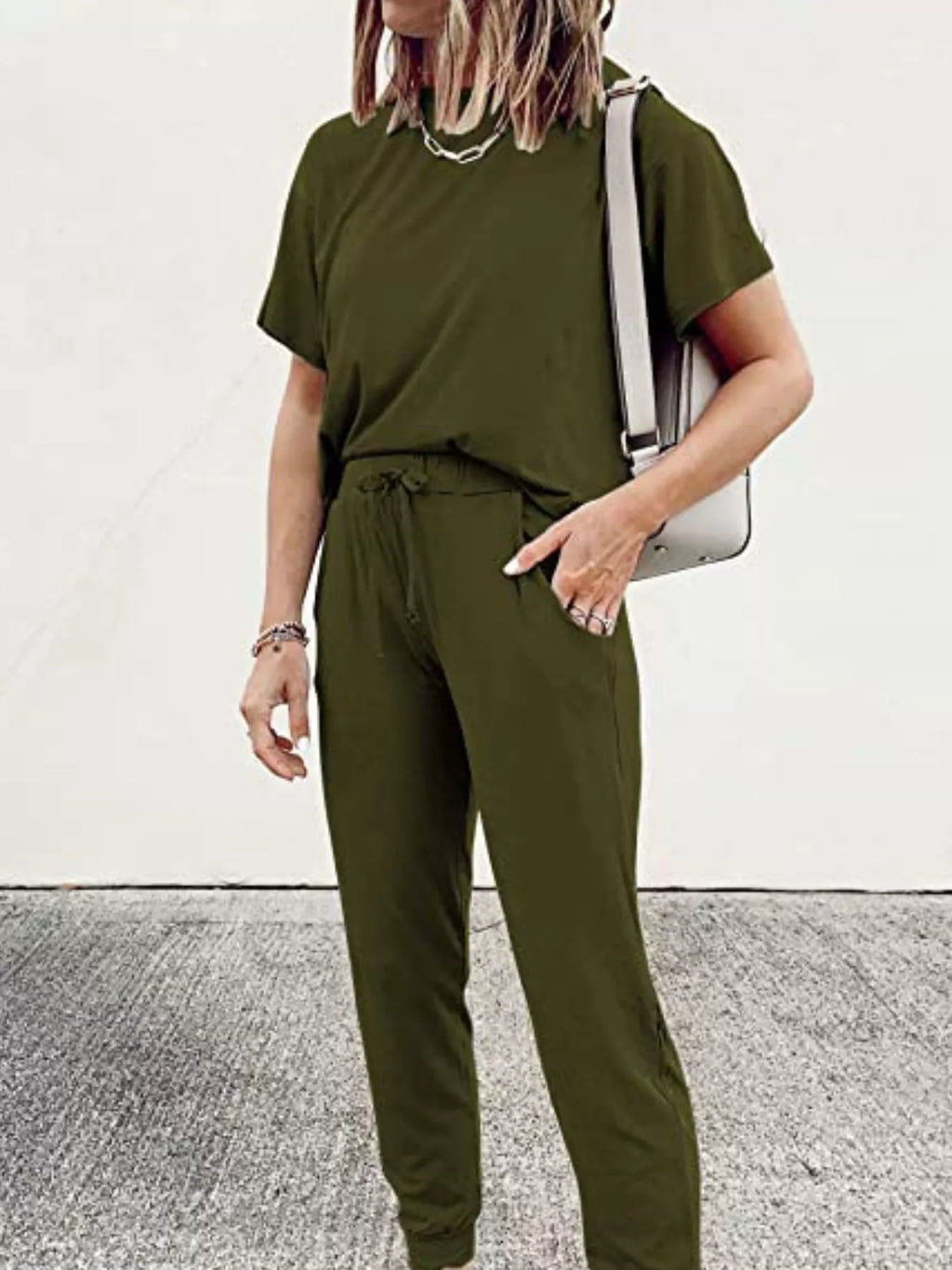 Round Neck Top and Drawstring Pants Set Plus Size in Black for Women