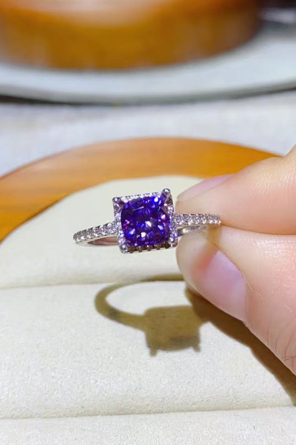 1 Carat Moissanite Platinum-Plated Square Ring in Purple for Women
