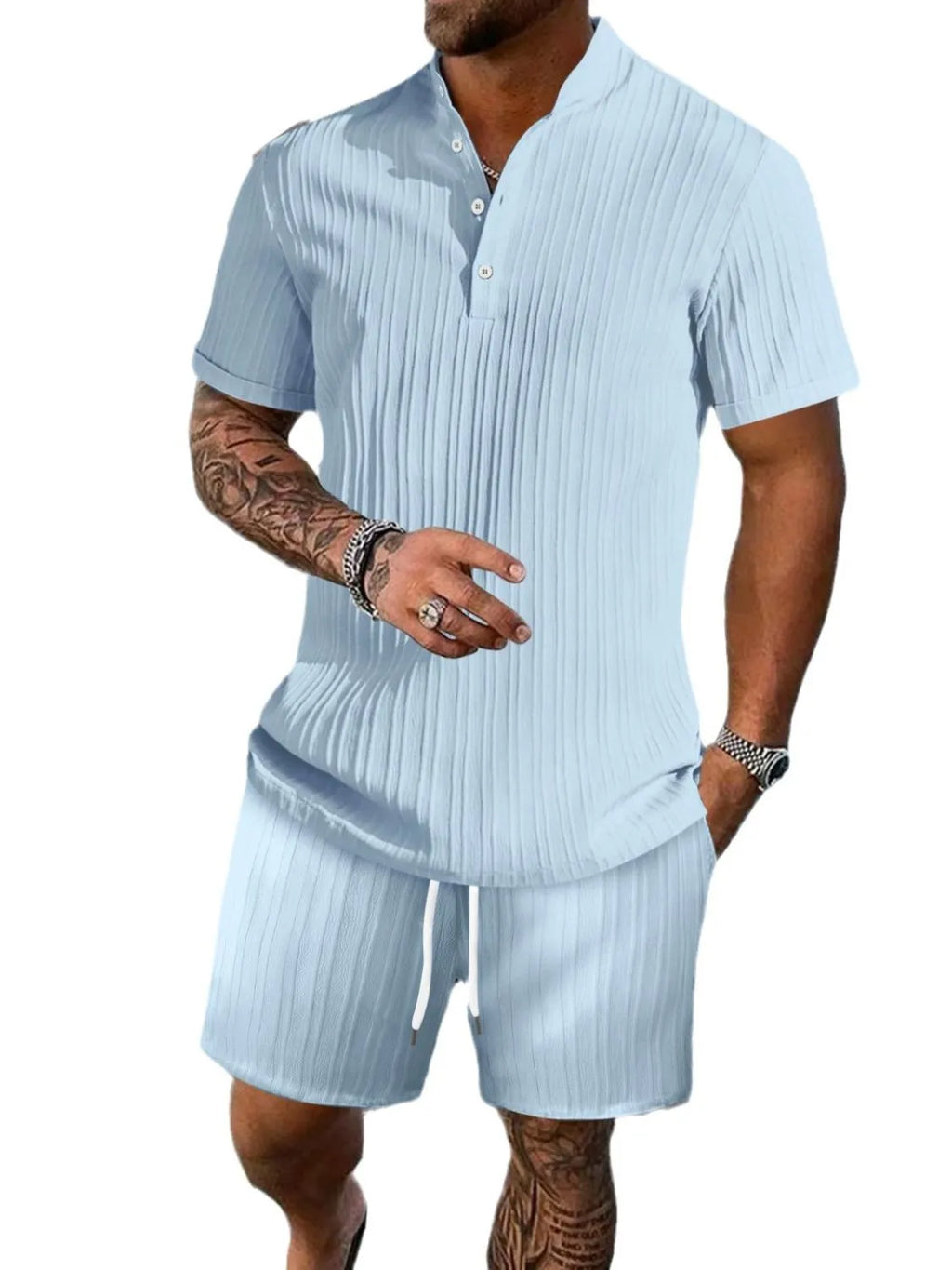Button Detail Short Sleeve Top and Shorts Set Plus Size in White for Men
