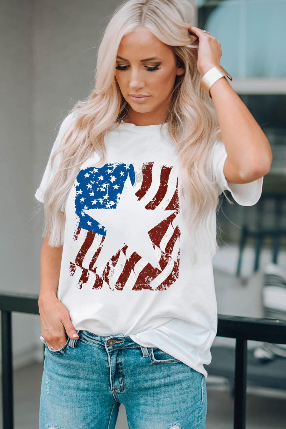 Us Flag Graphic Round Neck Tee in White for Women