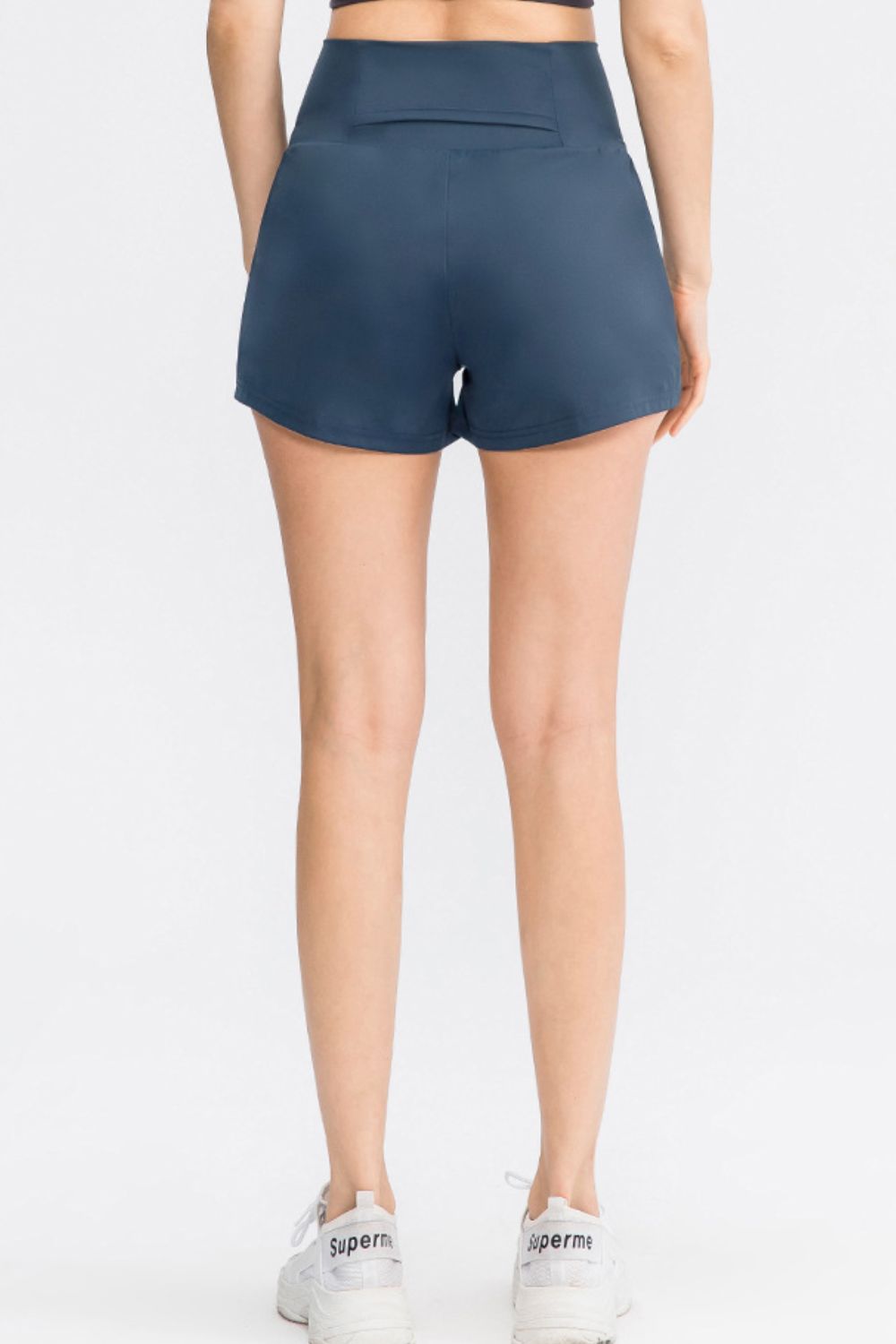 Wide Waistband Sports Shorts with Pockets in Dark Blue for Women