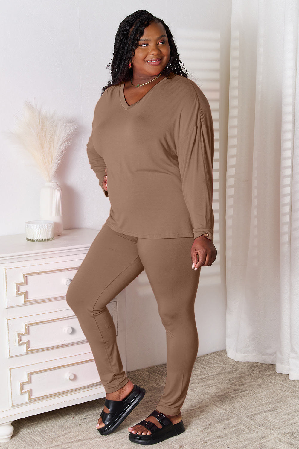 Plus Size V-Neck Soft Rayon Long Sleeve Top and Pants Lounge Set in Sky Blue for Women