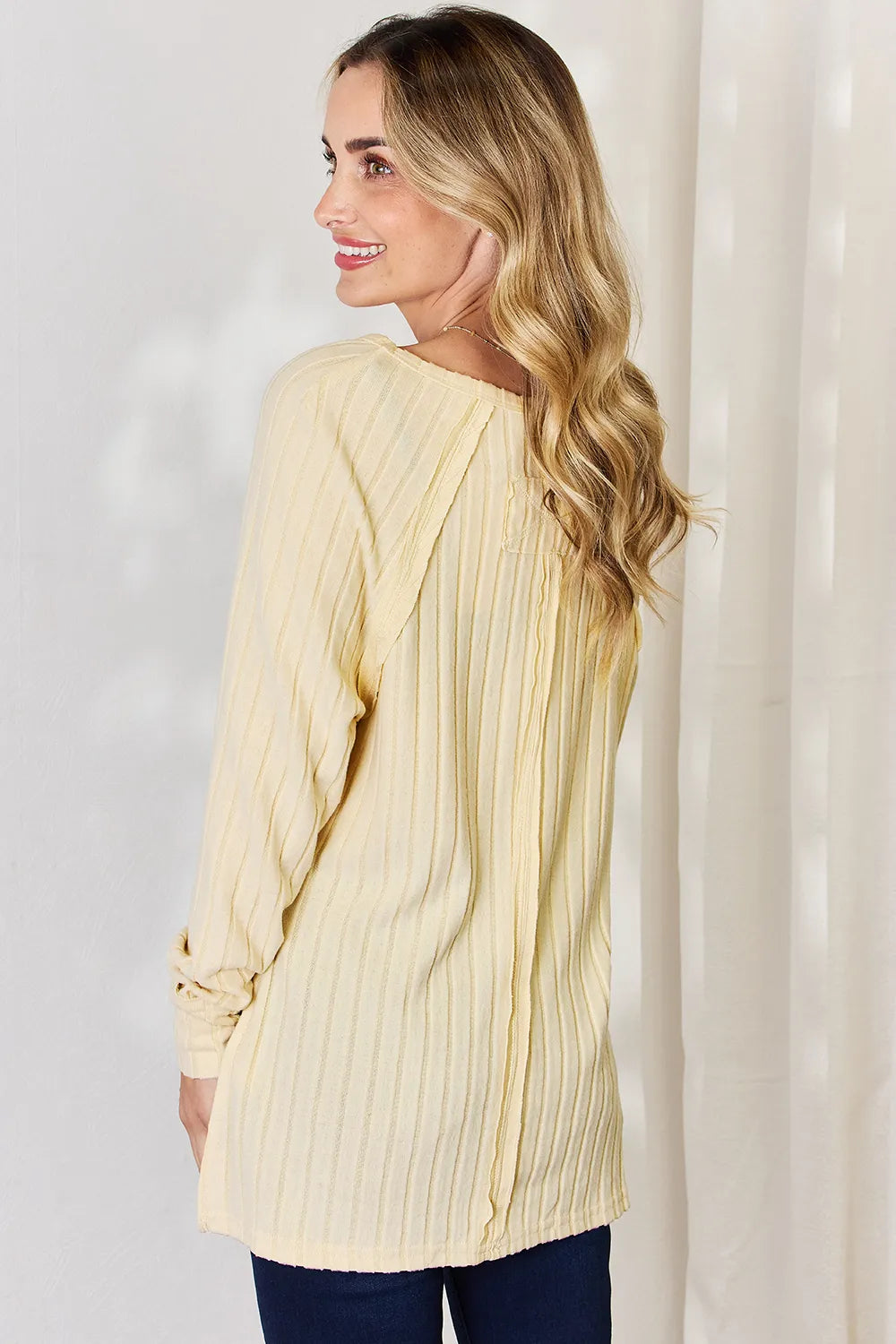 Plus Size Ribbed Round Neck Slit T-Shirt in Sky Blue for Women