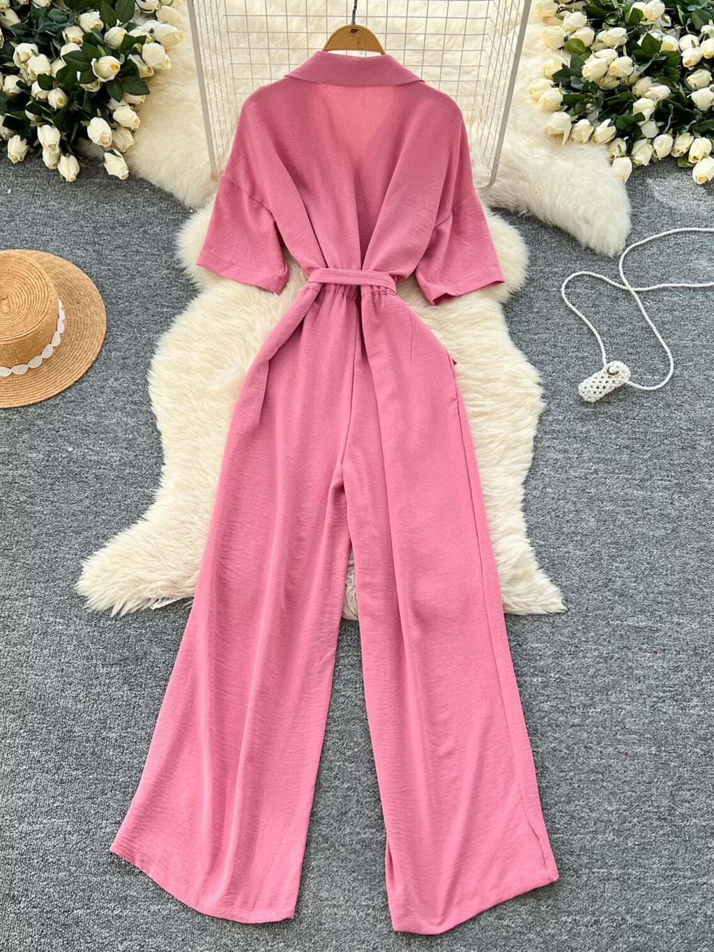 Pink Tie Waist Wide Leg Jumpsuit for Women