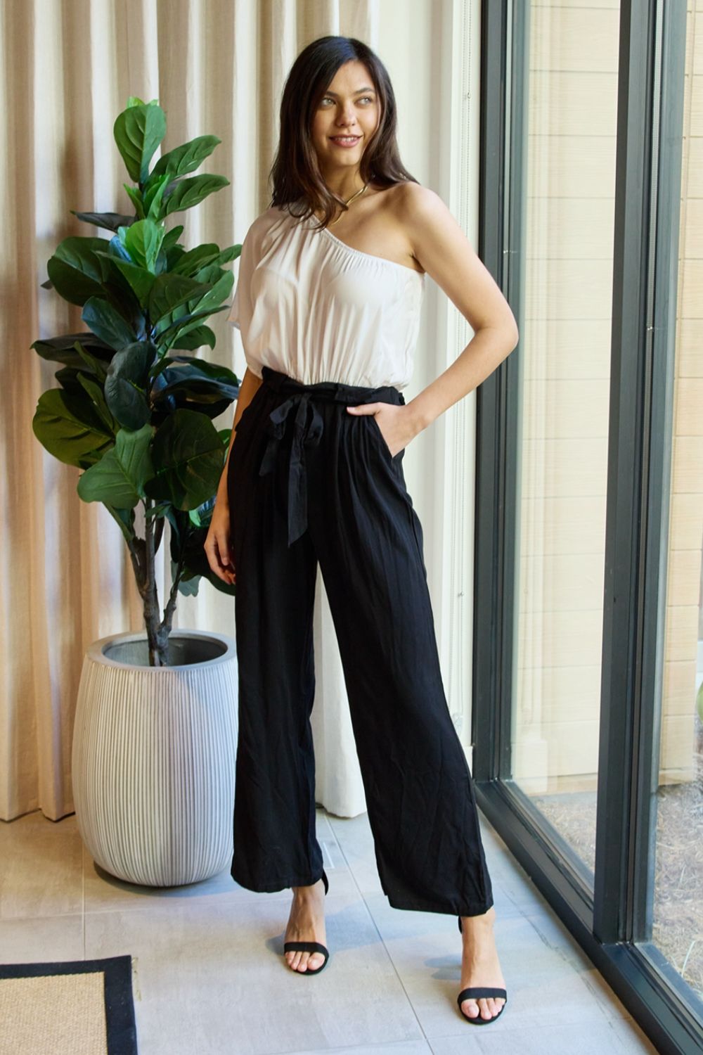 Marvelous in Manhattan One-Shoulder Jumpsuit in White/ Black in White Black for Women