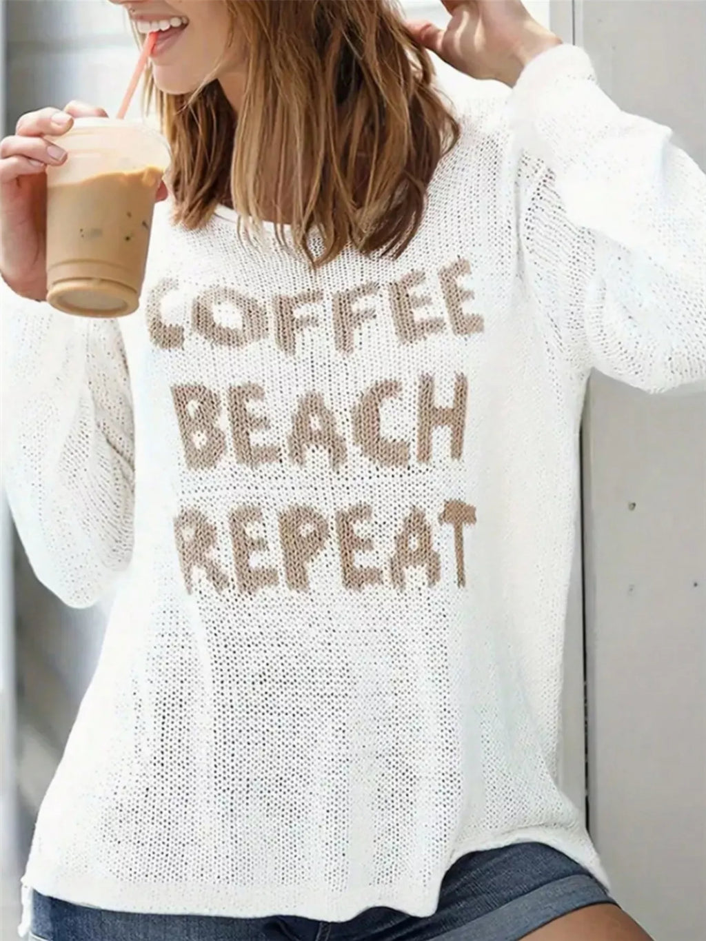 Coffee Beach Letter Side Slit Knit Top in White for Women