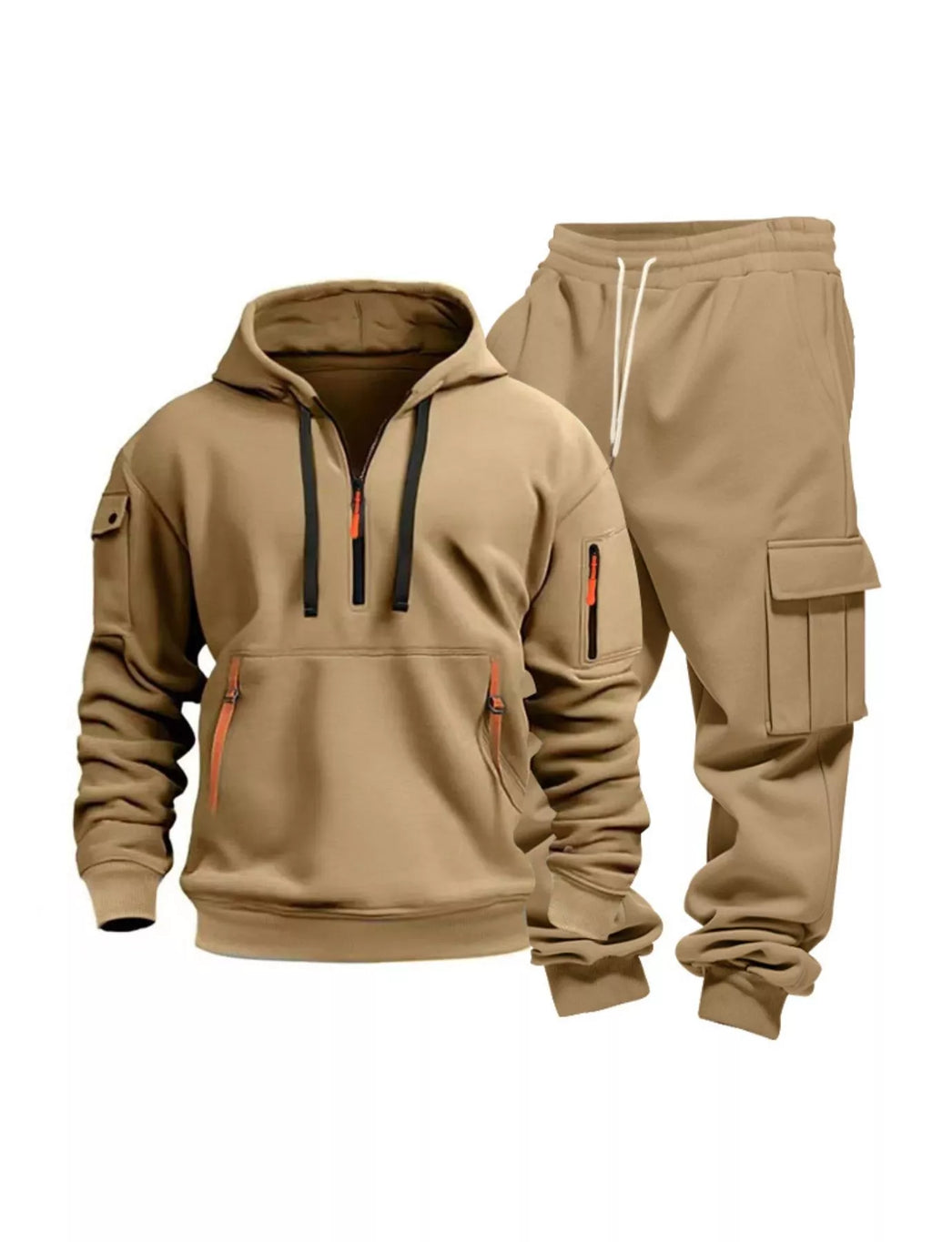 Half Zip Hoodie and Cargo Pants Set Plus Size in Camel for Men