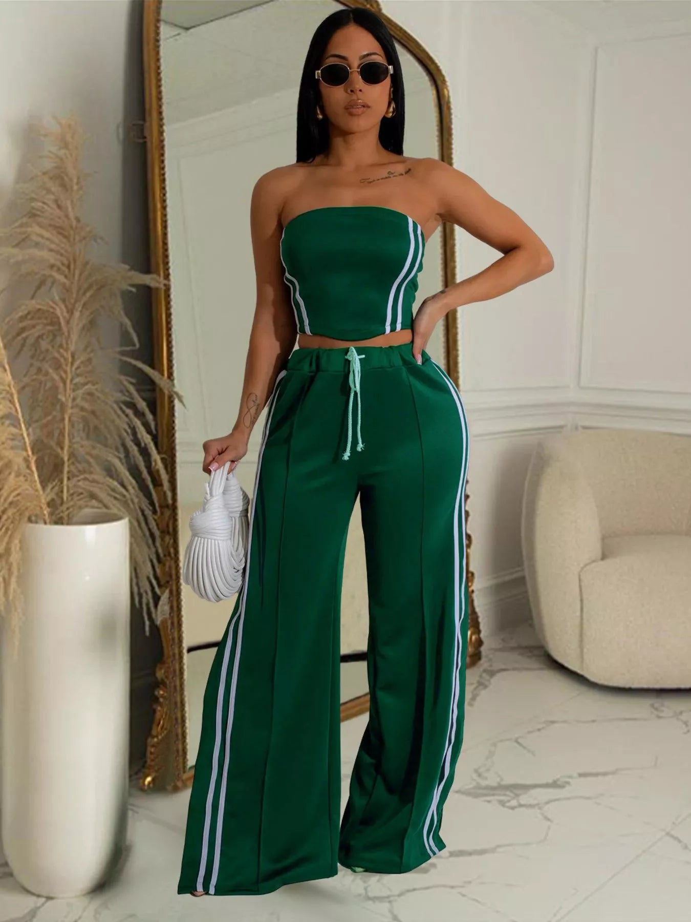 Sleeveless Tube Top and Wide Leg Pants Set in Dark Green for Women