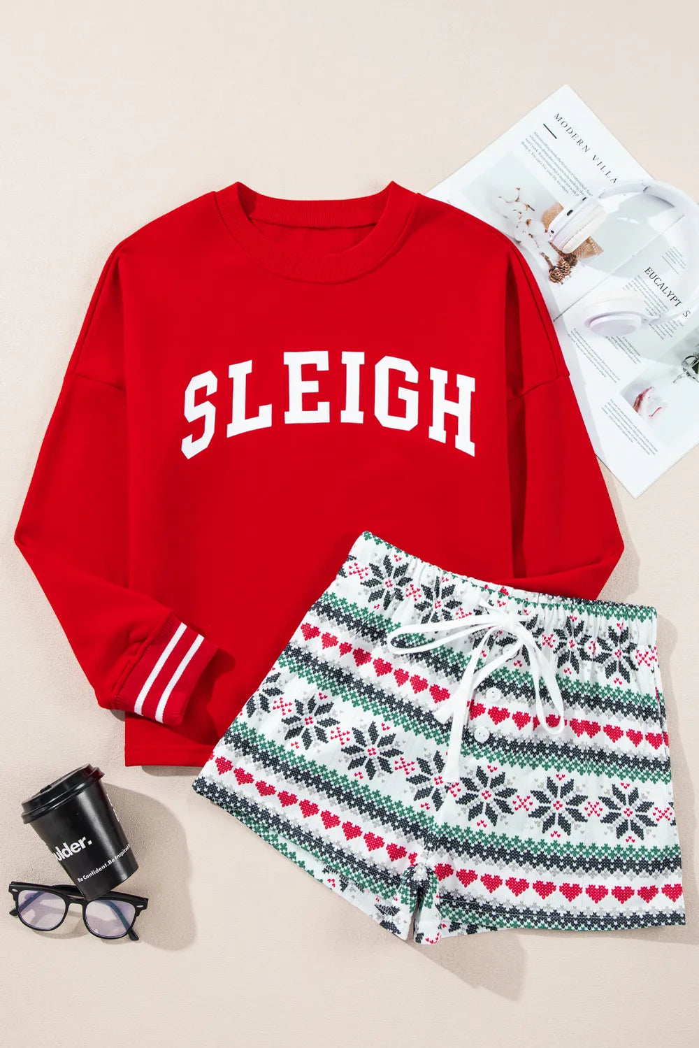 Letter Graphic Round Neck Top and Printed Shorts Lounge Set for Women