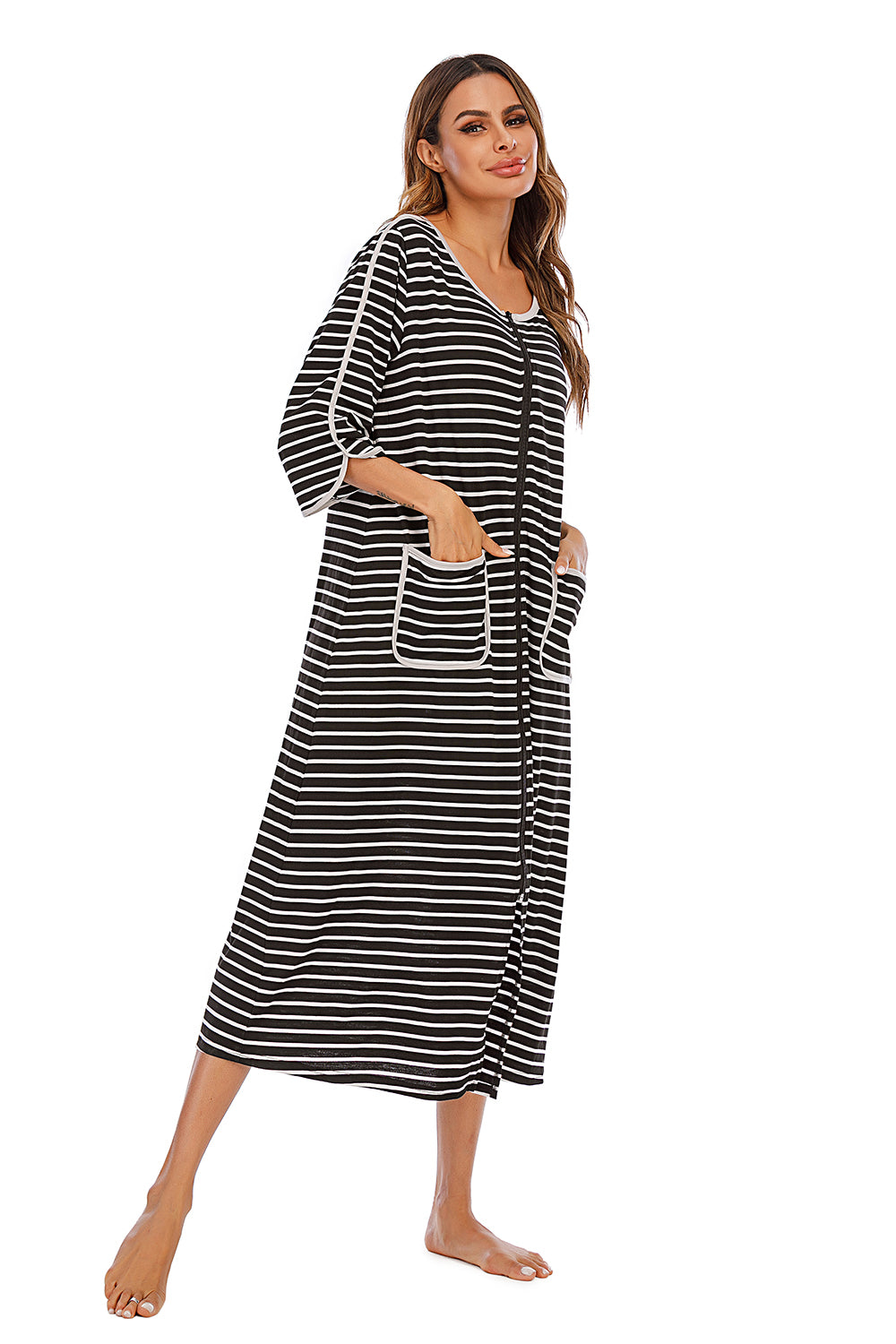 Round Neck Three-Quarter Sleeve Midi Night Dress in Red for Women