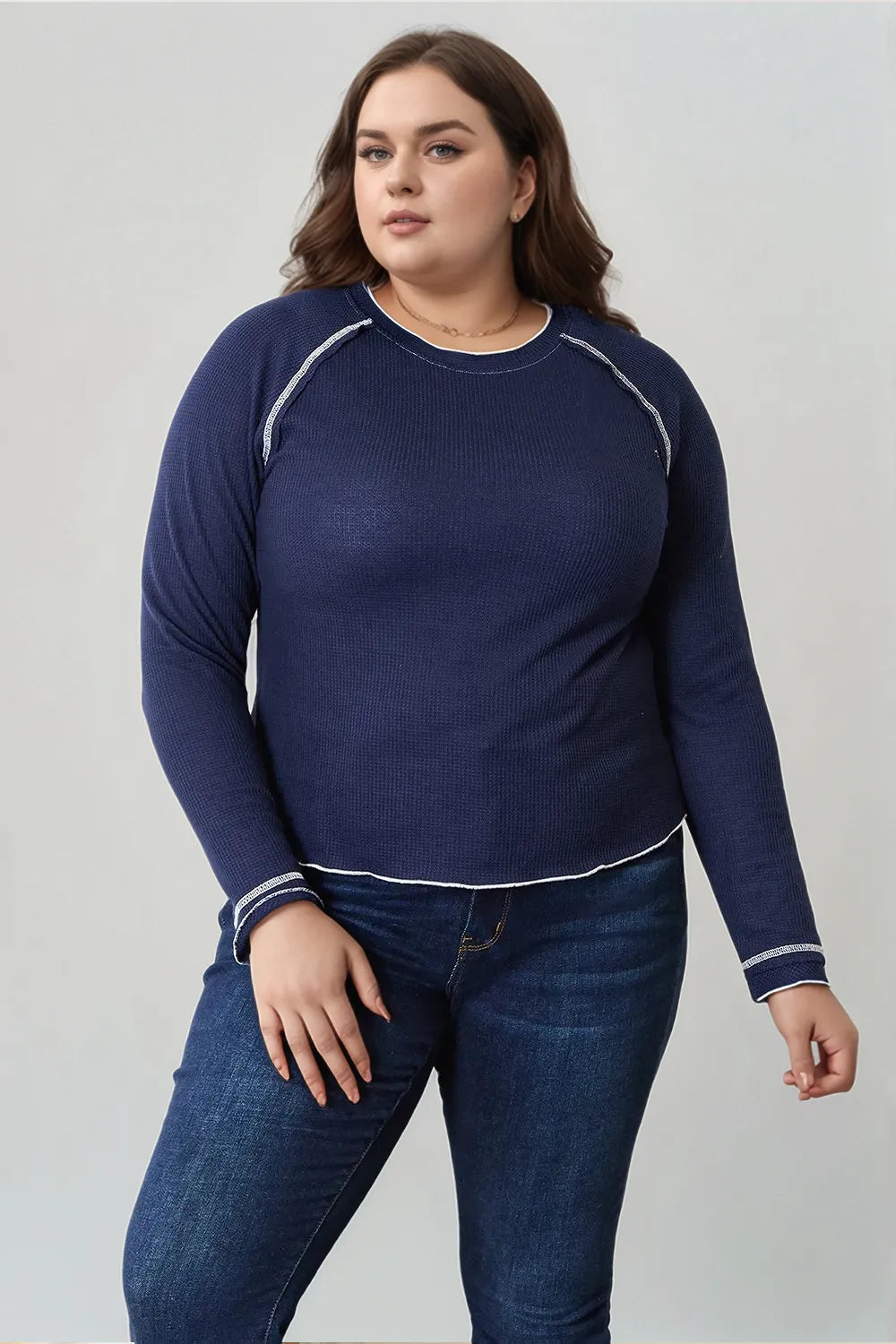 Long Raglan Sleeve Round Neck Top in Dark Blue for Women