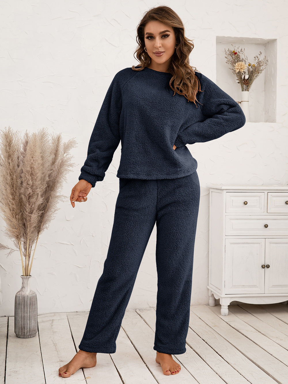 Ivy Lane Teddy Long Sleeve Top and Pants Lounge Set in Chocolate for Women