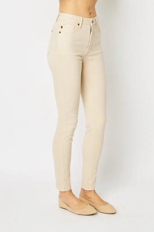 Plus Size Garment Dyed Tummy Control Skinny Jeans in Bone for Women