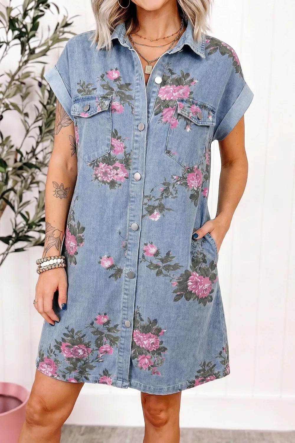Floral Print Denim Shirt Dress in Medium for Women