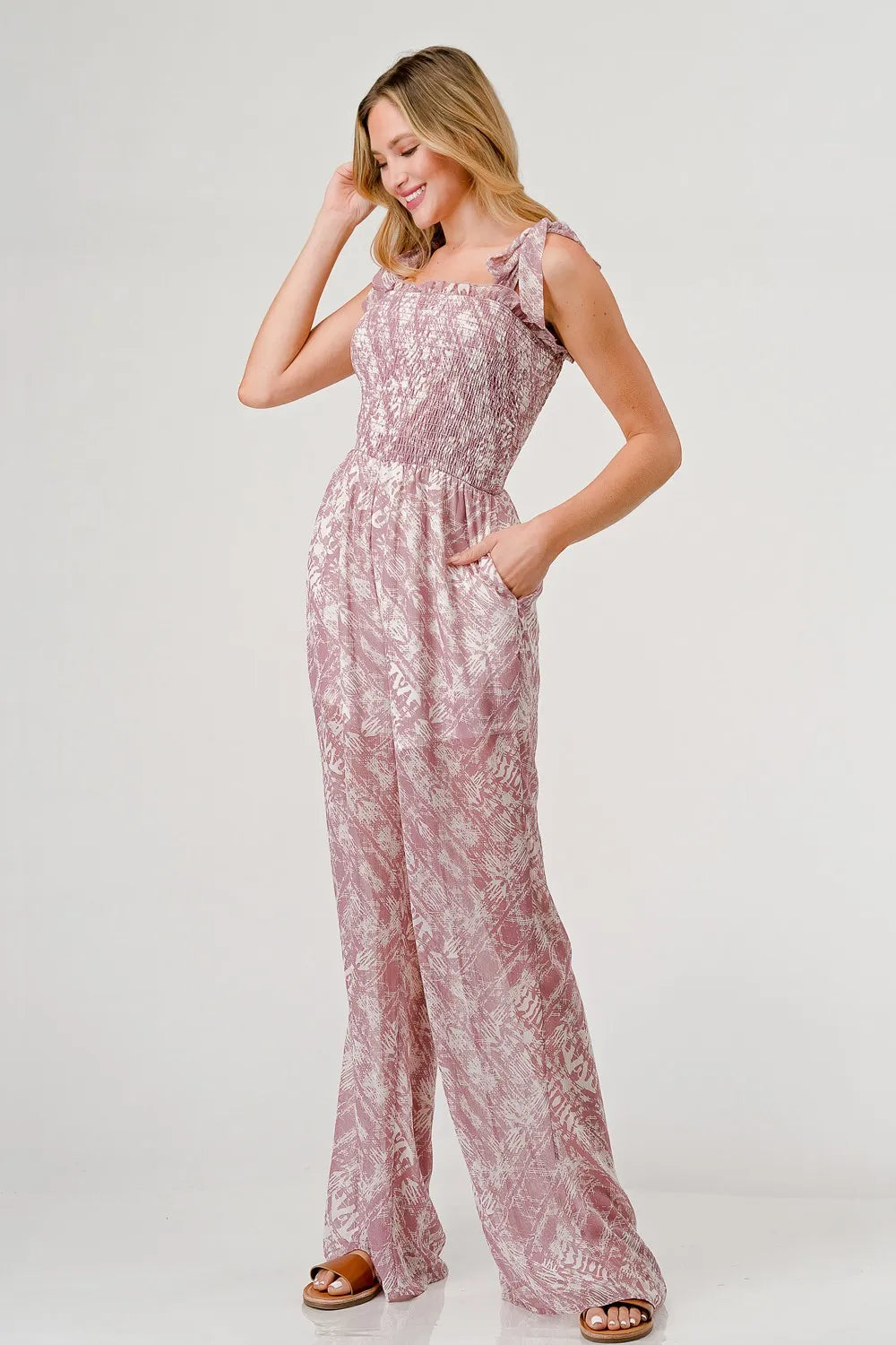 Printed Tie Shoulder Wide Leg Jumpsuit in Mauve for Women