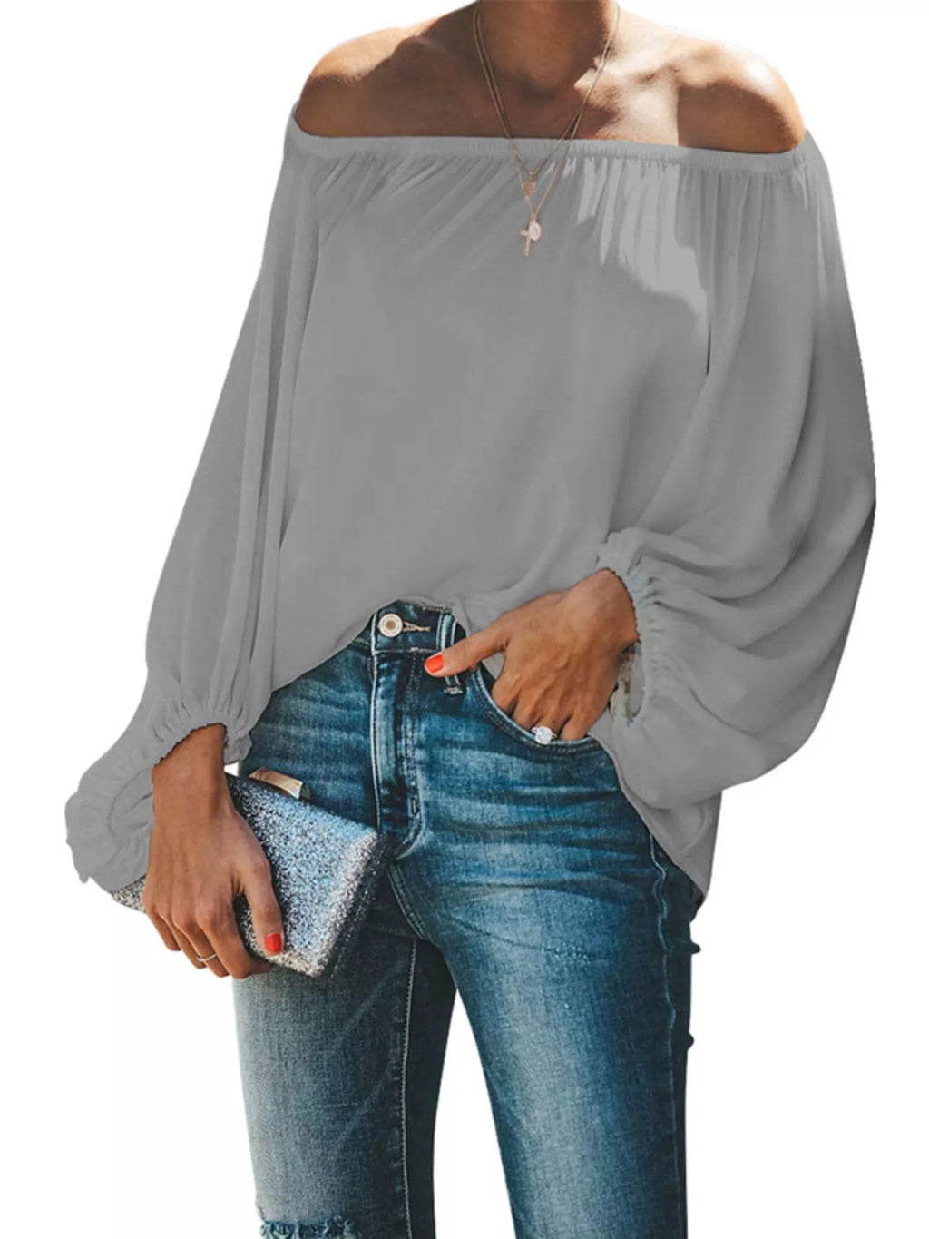 Off-Shoulder Balloon Sleeve Blouse Plus Size in Green for Women