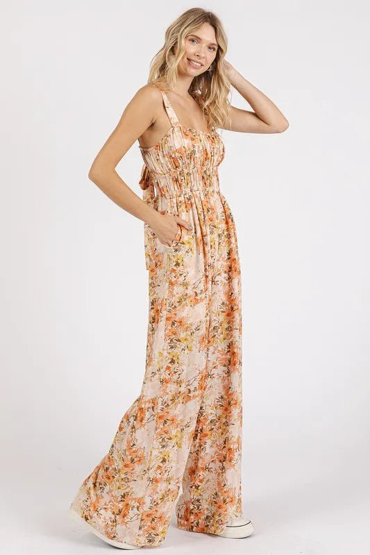 Flower Print Gathered Bust Sleeveless Jumpsuit for Women