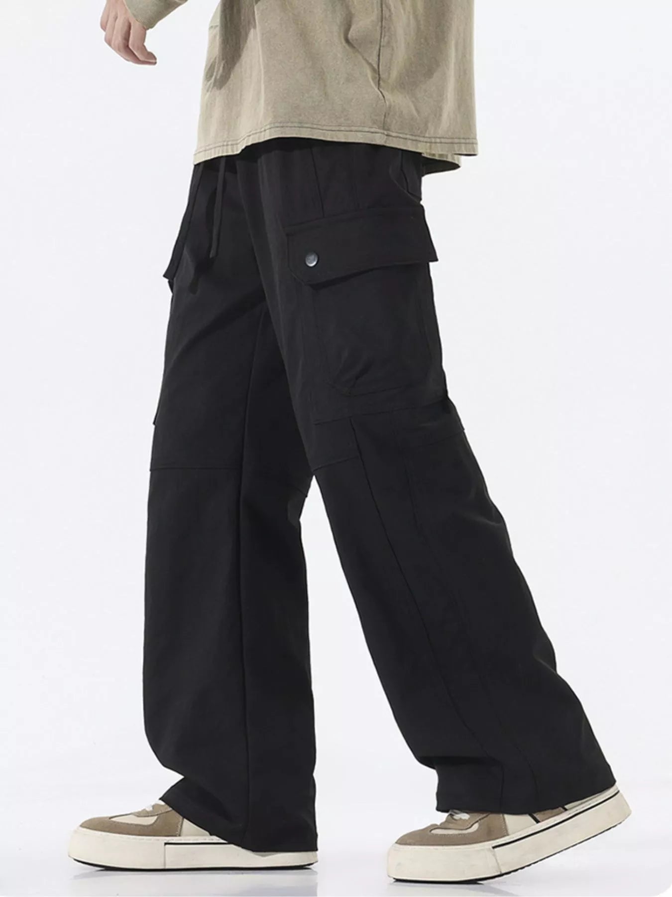 Drawstring Cargo Wide Leg Pants Plus Size in Coffee for Men