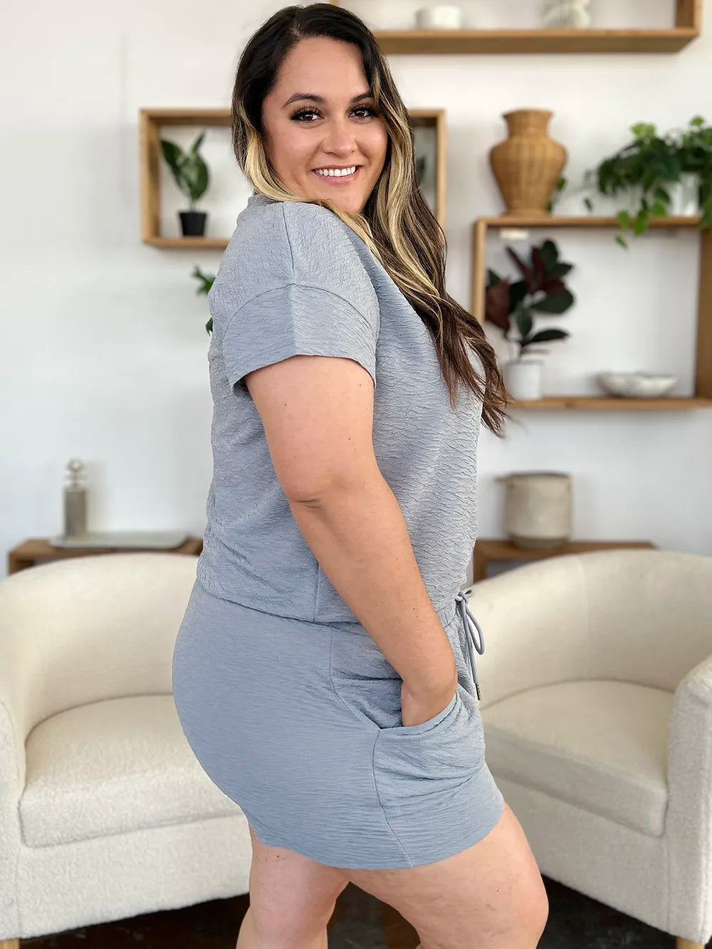 Plus Size Texture Short Sleeve T-Shirt and Drawstring Shorts Set in Cloudy Blue in Dusty Pink for Women