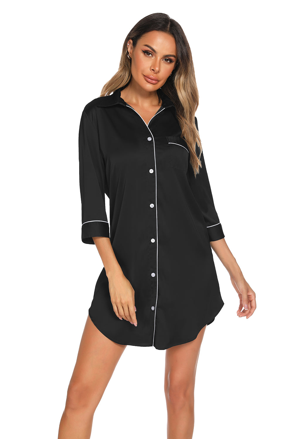 Button Up Collared Neck Night Dress with Pocket in Black for Women