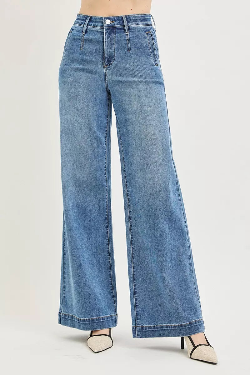 Tummy Control Elastic Band High Rise Wide Jeans in Medium for Women