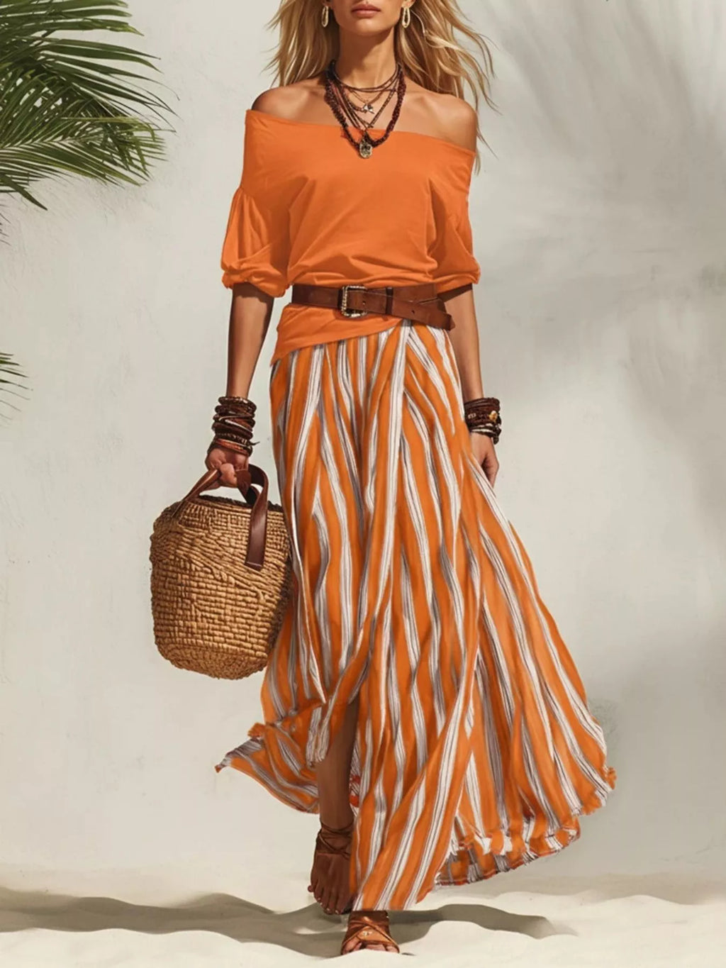Off Shoulder Top and Striped Maxi Skirt Set in Black for Women