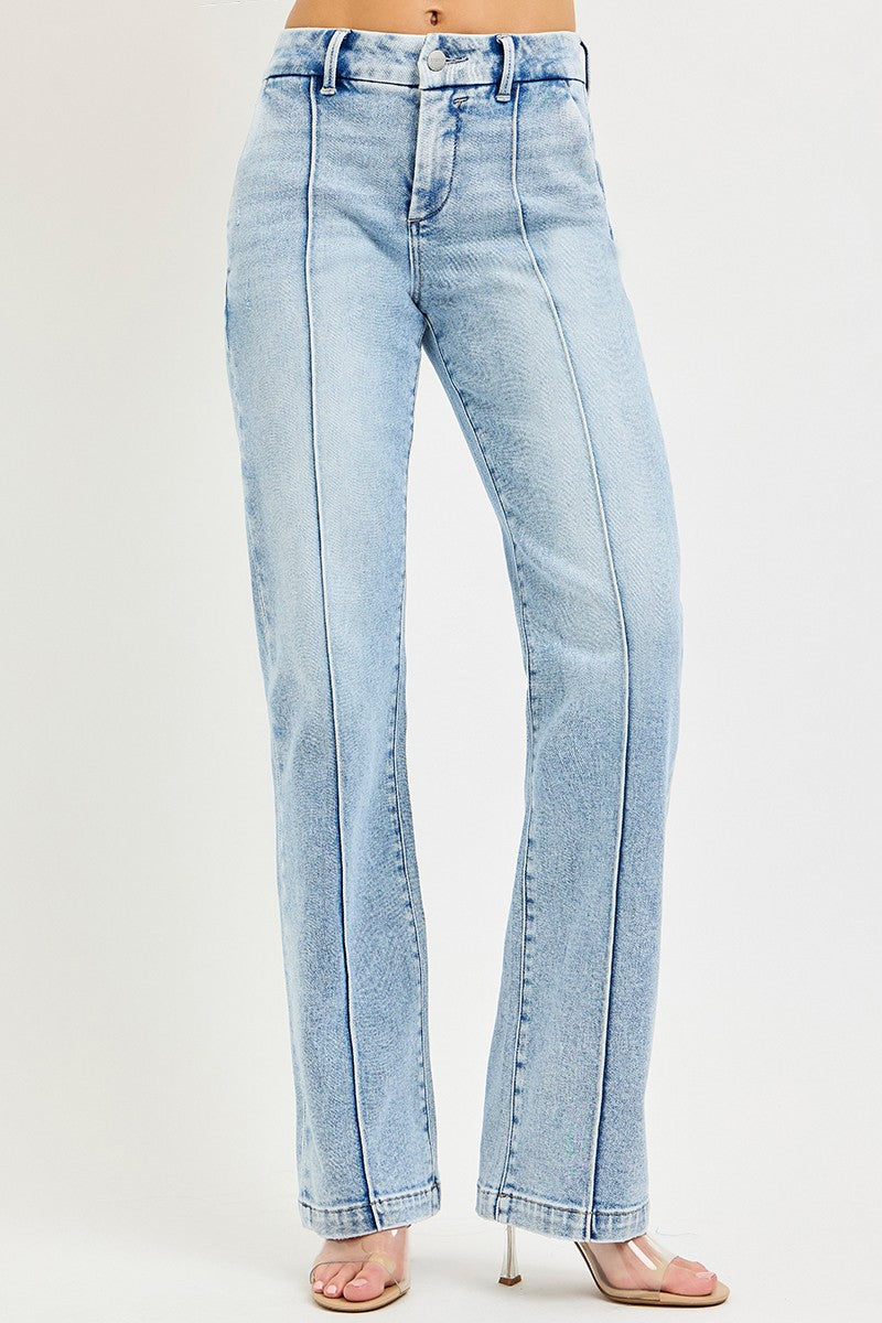 Tummy Control High Rise Straight Pin Tuck Jeans in Light for Women