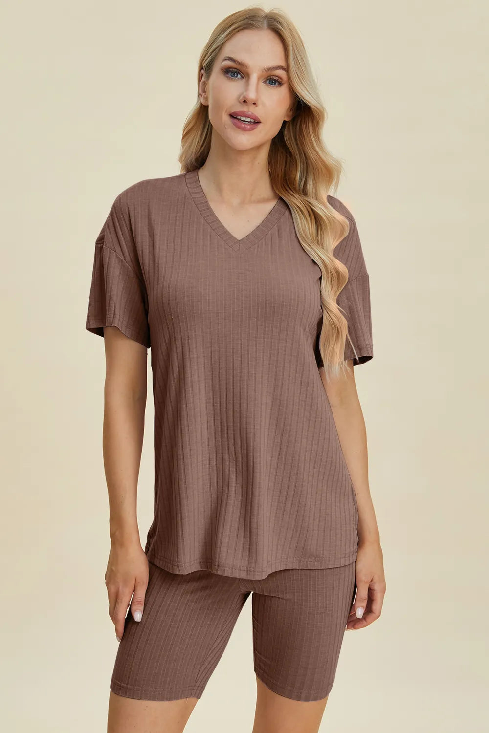 Plus Size Ribbed V-Neck Short Sleeve Top and Shorts Set in Gray for Women