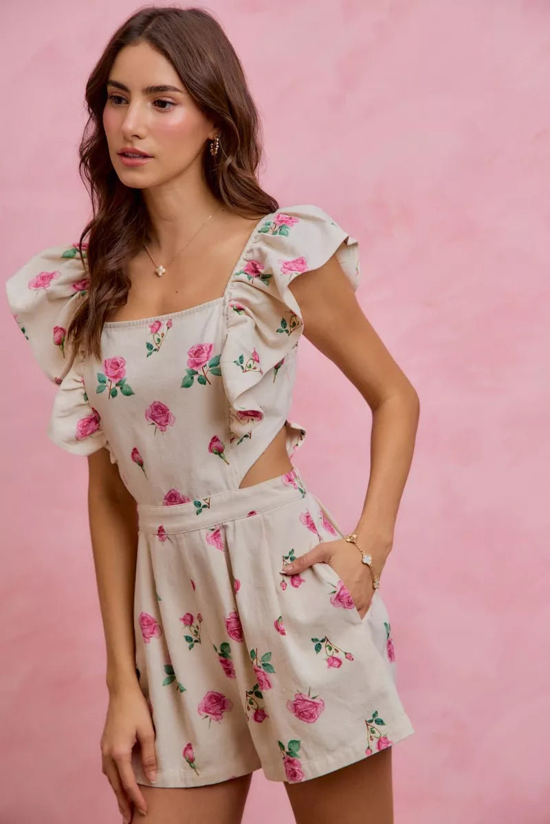 Floral Print Denim Cut Out Waist Ruffled Romper for Women