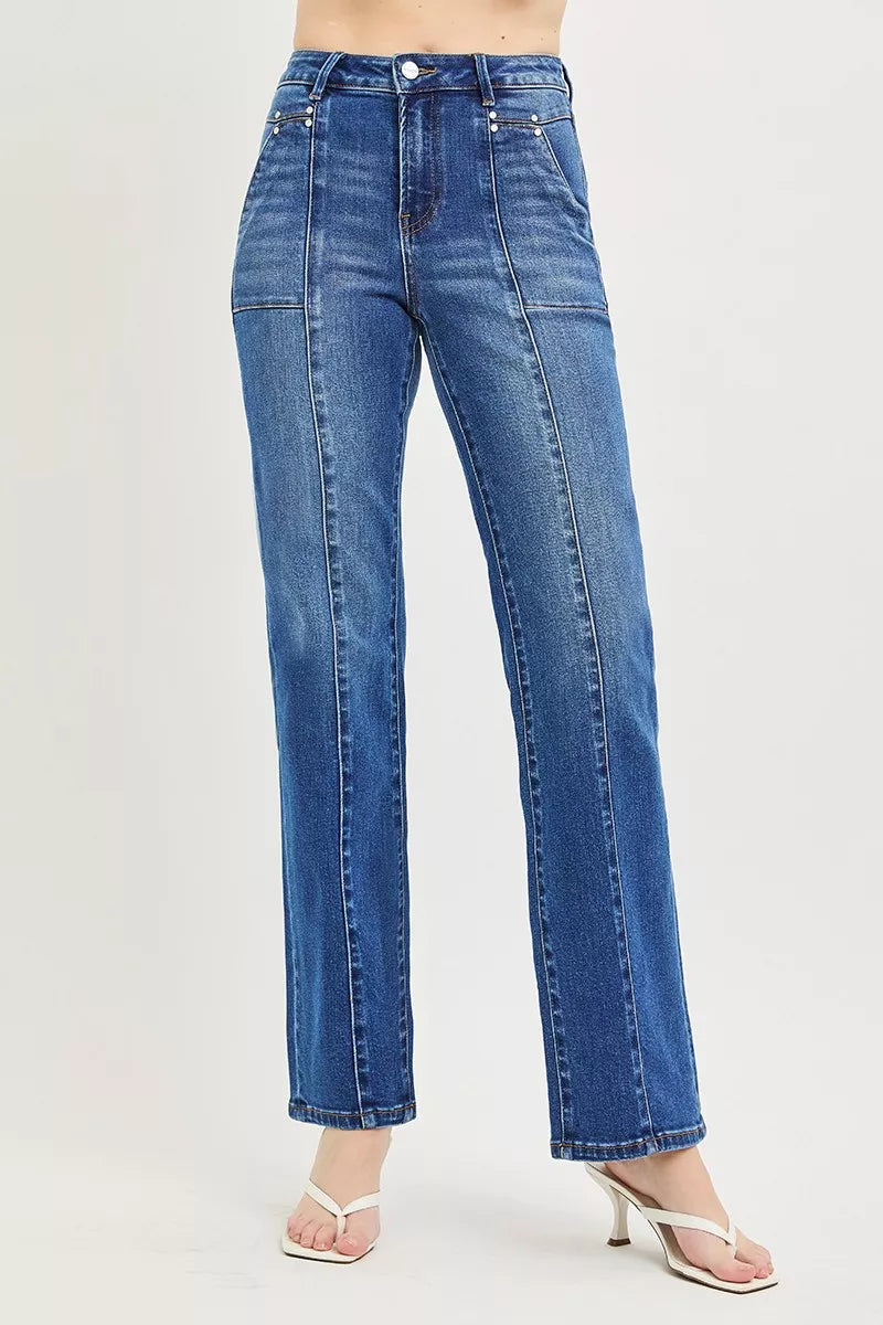 High Rise Straight Patch Pocket Seamed Jeans in Dark for Women