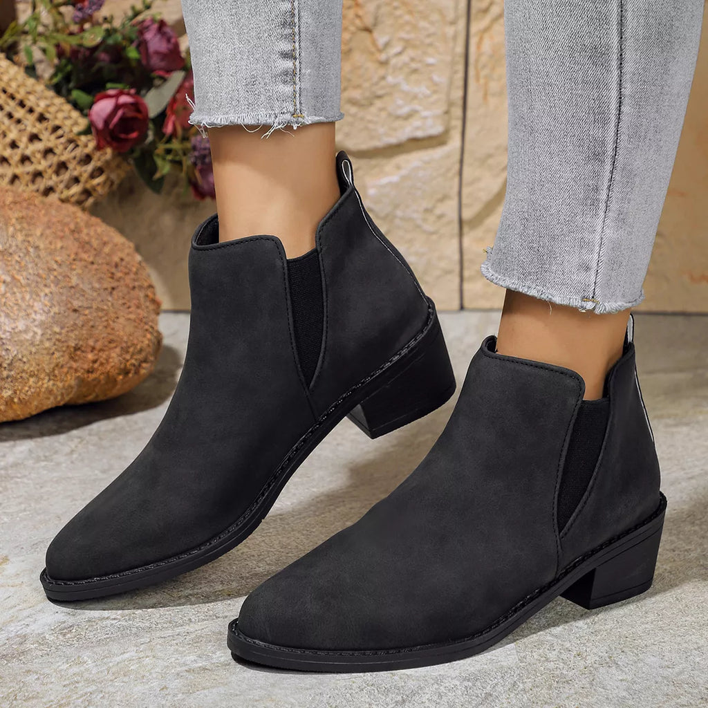 Point Toe Block Heels Ankle Boots in Black for Women