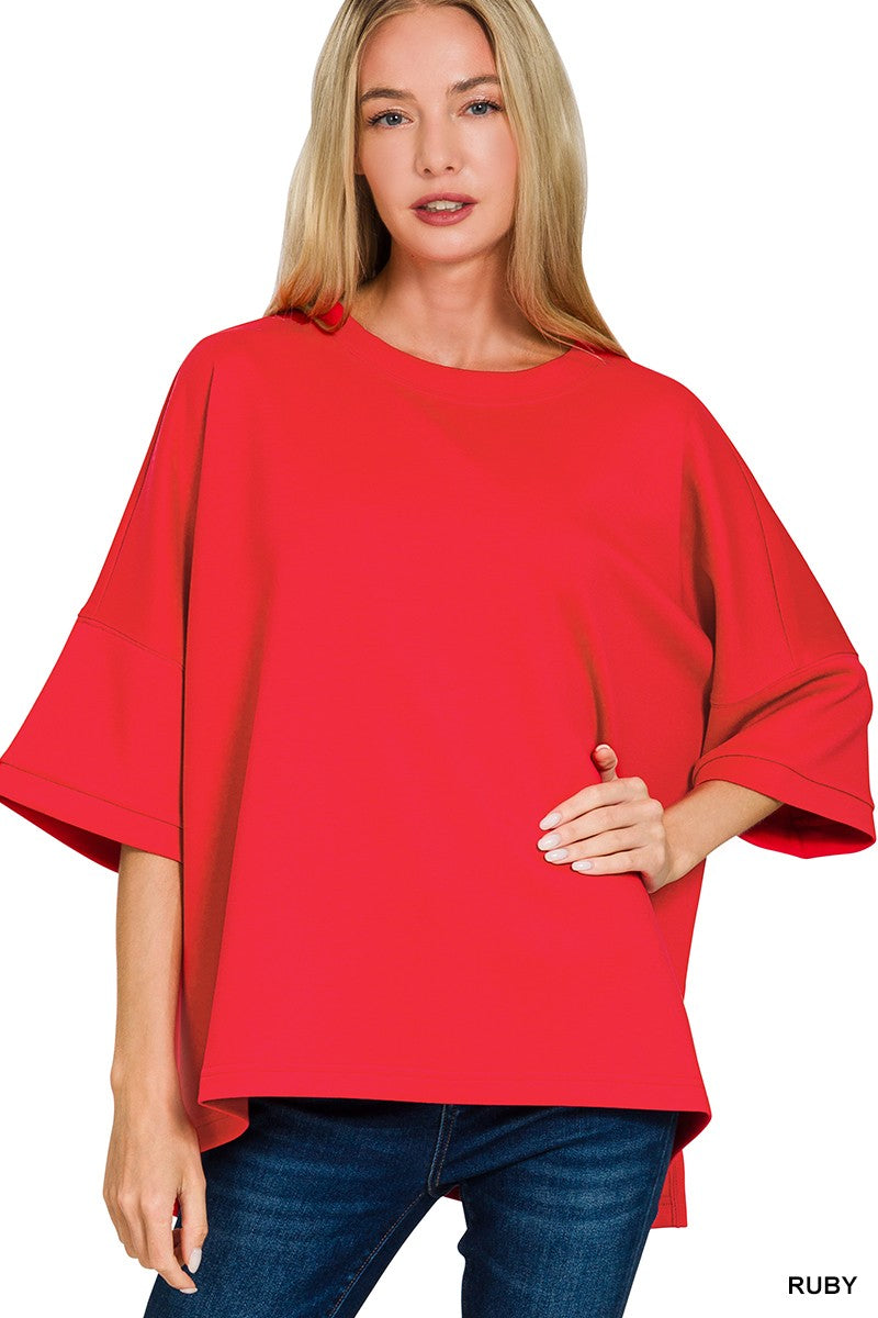 Scuba Round Neck Top with Side Slits in Ruby for Women