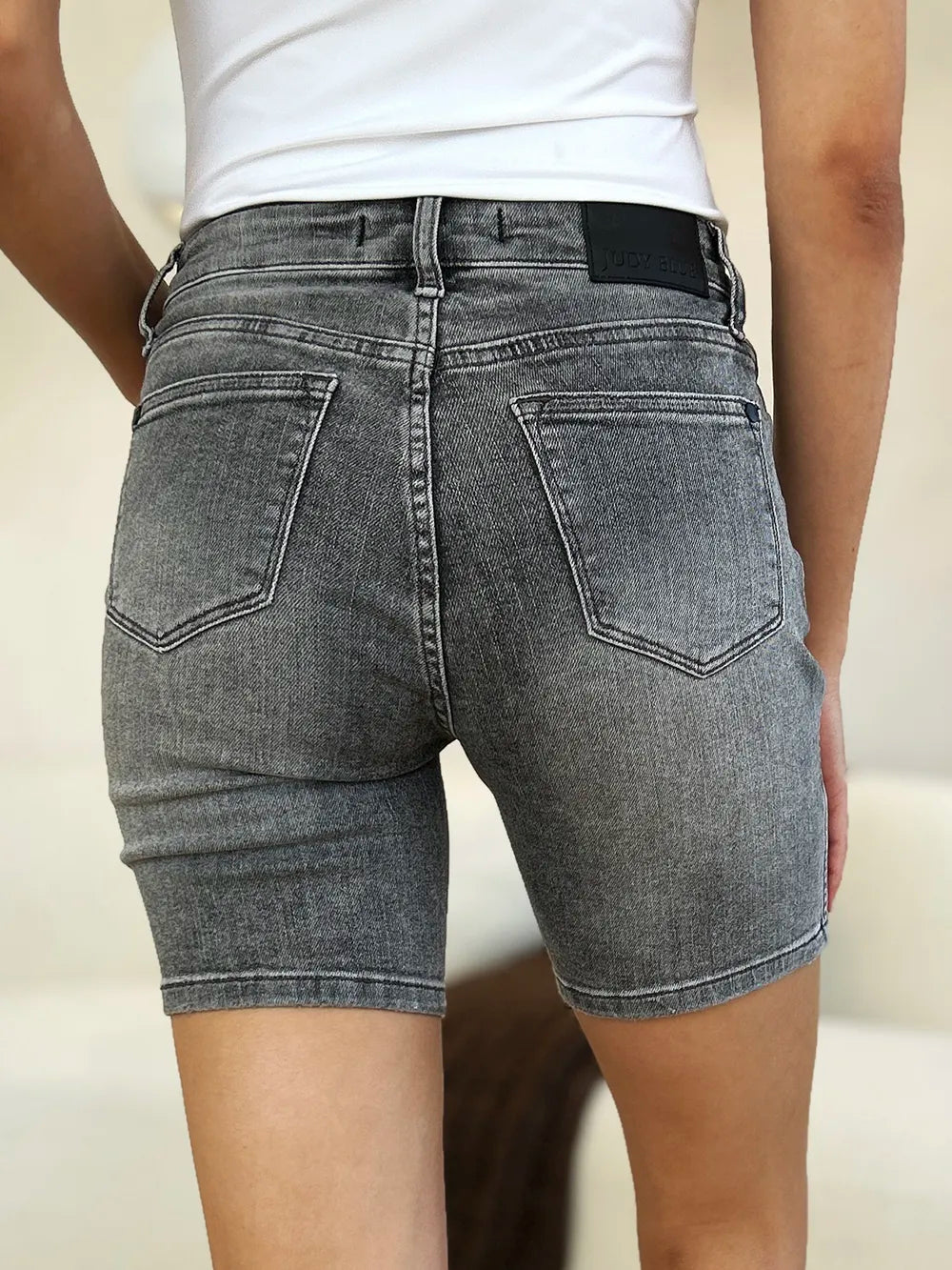 Plus Size High Waist Washed Denim Shorts in Grey for Women