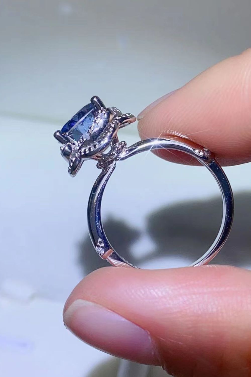 2 Carat Moissanite Contrast 925 Sterling Silver Ring in Blue for Women